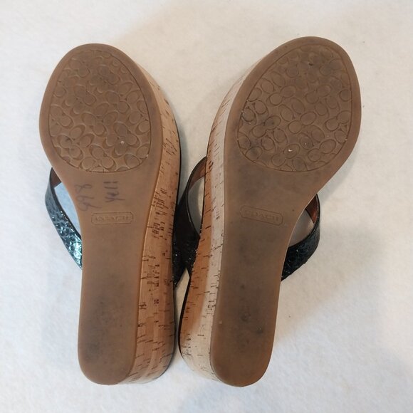 Coach 6.5 Strappy Sandal Wedge Cork Black Patent Leather Jorgina Signature Thong - Picture 12 of 13